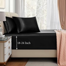 3pcs Extra Deep Pocket Satin Fitted Sheet Set Queen Bed Set Black Bottom Sheet