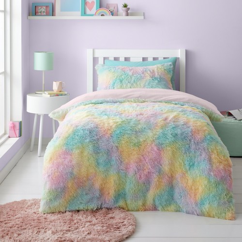 Catherine Lansfield Rainbow Cuddly Soft Faux Fur Duvet Cover Bedding Set Pastel - Picture 2 of 36