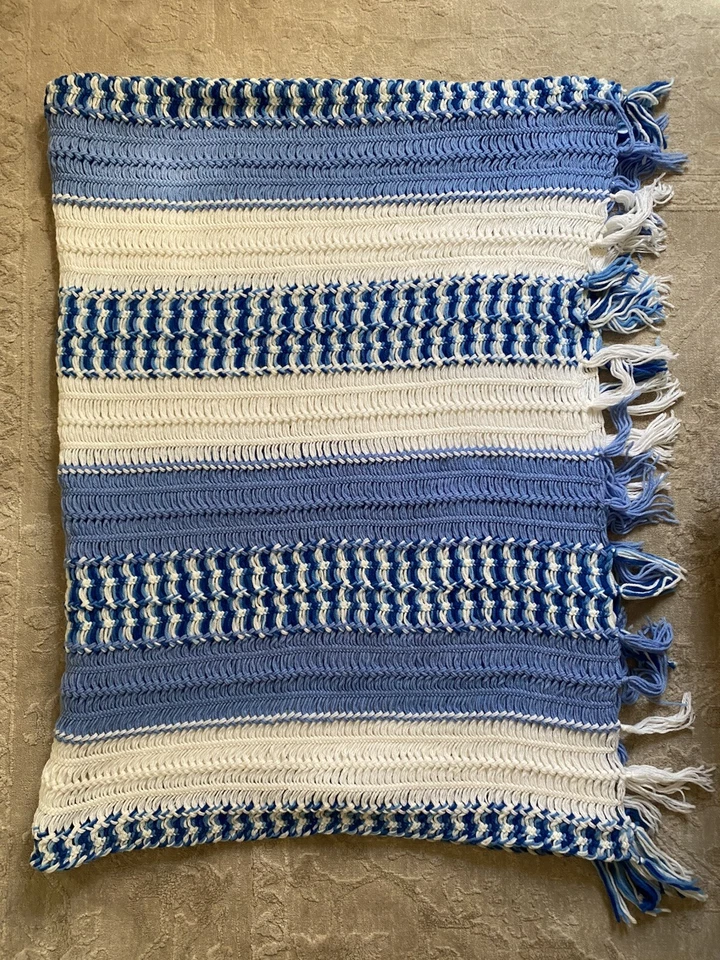 Vtg Handmade Crochet Afghan Blanket Retro 70s Fringe Stripe Blue White 86” x 64” - Image 2 of 4
