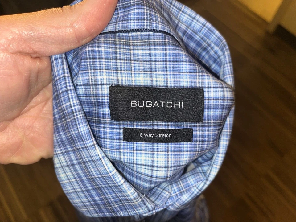 BUGATCHI Men's blue and white plaid 8-Way Stretch long sleeve shirt Medium M EUC - Image 4 of 4
