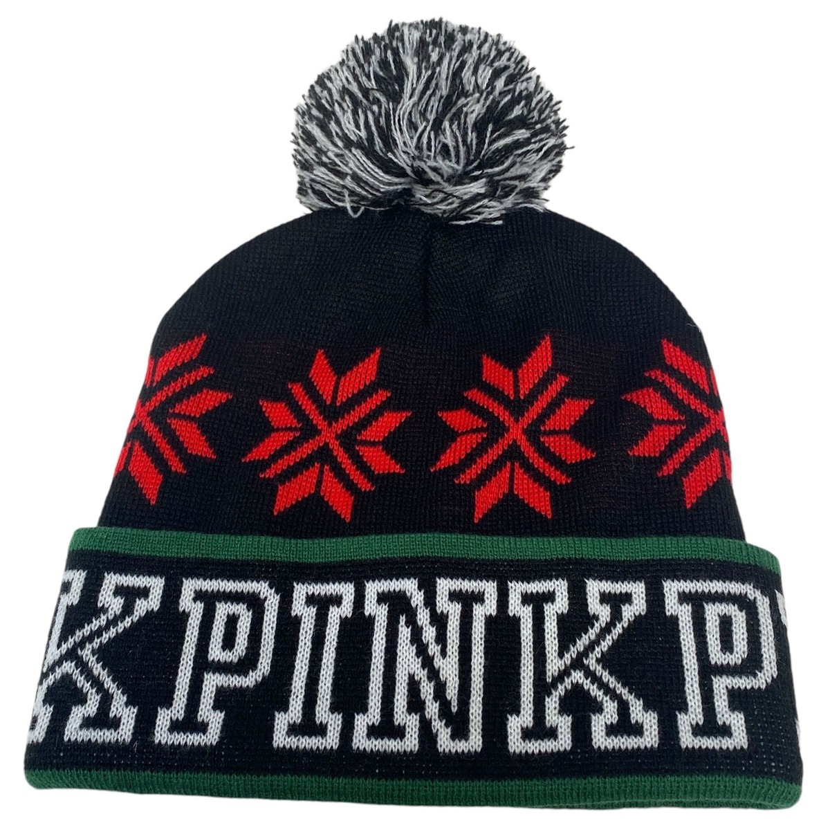 Victoria\'s Secret PINK Snowflake Beanie Winter Hat w/ Pom Pom Black Red NWOT Pretty Blossom Pink Bling Patch Pom Beanie | Victoria main image 4