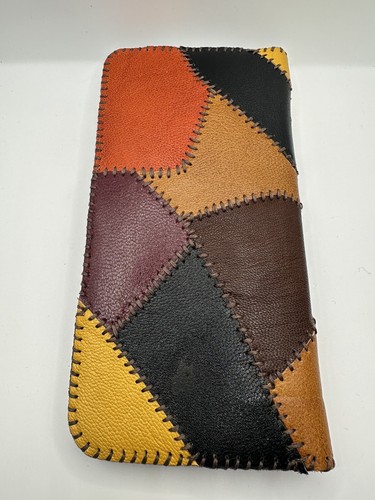 Vintage Wallet Patchwork Handmade Leather Brown Orange 70s MCM Hand Stitched - Picture 4 of 8