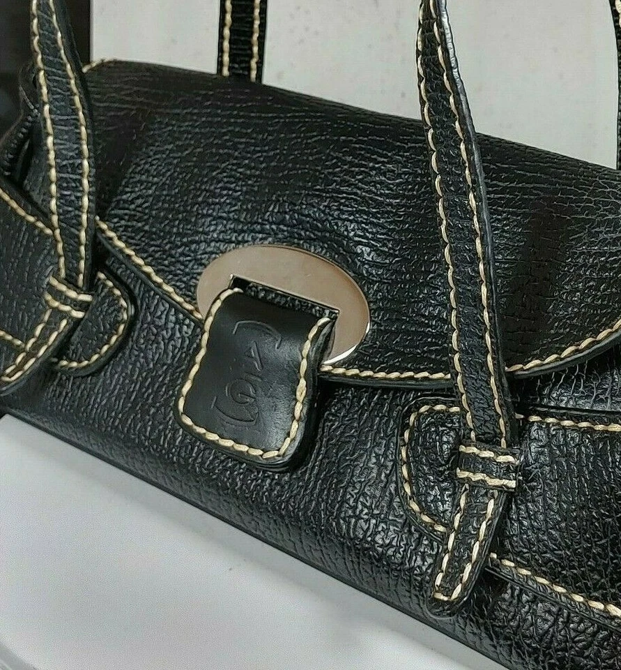 Bolso de Mano Cartera De Colección Marca AB Negro Guijarro Imitación Cuero Blanco Puntada en Contraste Foto 3 de 4