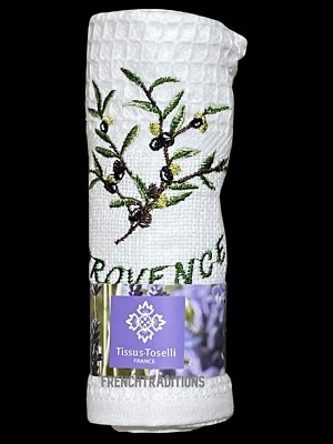 Waffle-Weave Towel Provence Olives White.  Designed in France, Made in Turkey