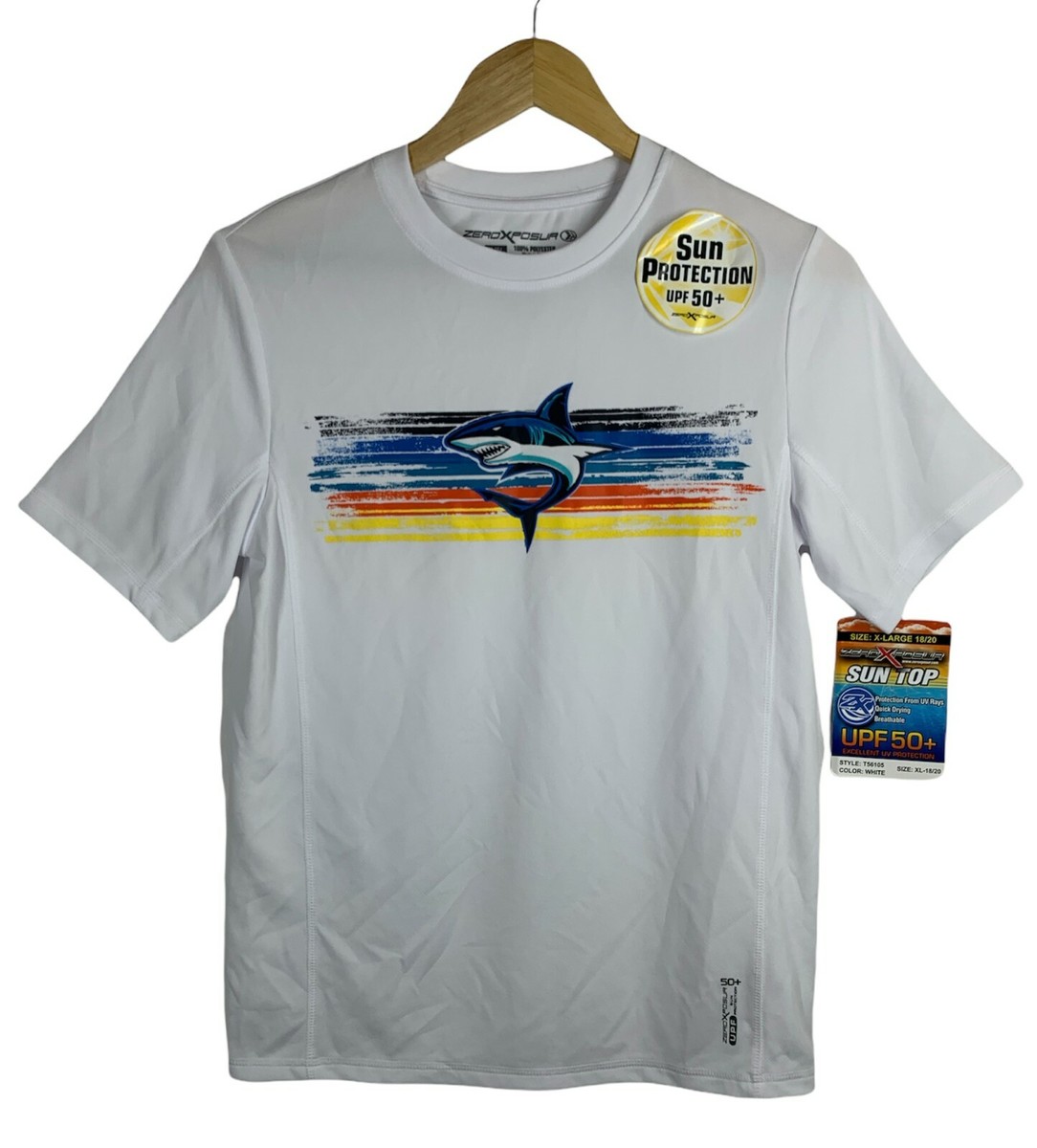 Boys ZEROXPOSURE White Sun Shirt Top Shark Graphic UPF50+ Quick