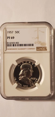 1957 PF69 Franklin Half Dollar NGC Cert; Brilliant luster Cameo appearance 002