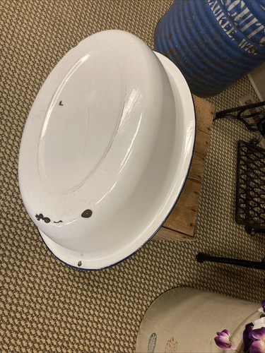 Large Enamel Ware Tub Basin Oval Wash Bowl 25 1/2 White Blue Baby Bath Farmhouse - Picture 19 of 24