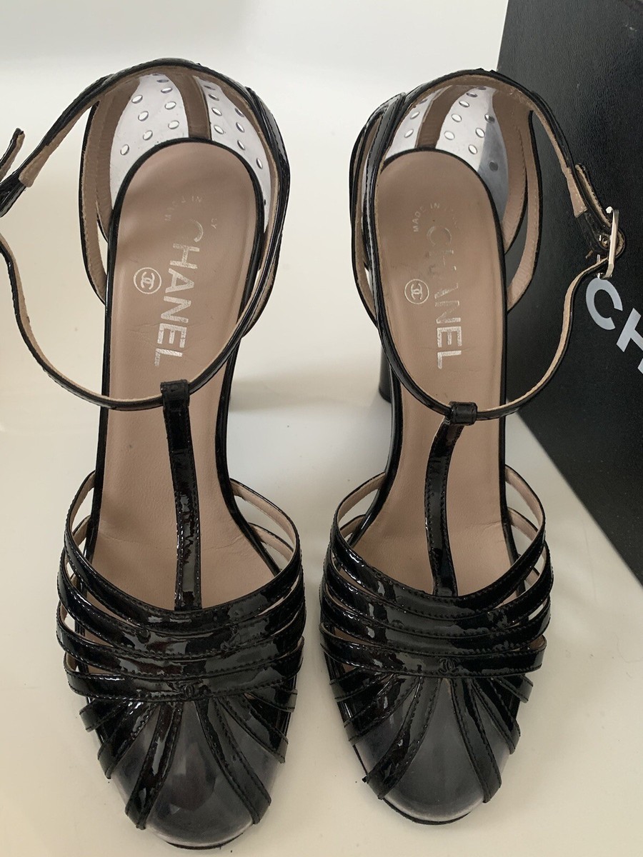 CHANEL ヒール CHANEL 8.5 39.5 Black Patent Leather PVC Strappy High Heels