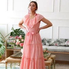 Mille Resort & Travel Mira Midi Dress Tiered Ruffle Belted Coastal Light Pink XS