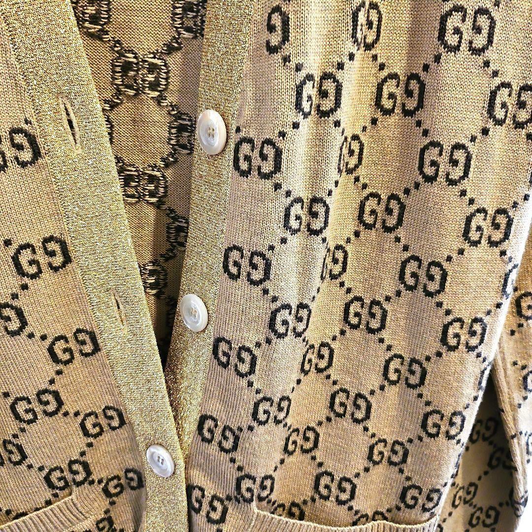 GUCCI Cardigan GG Logo Brown x Glitter Gold Size L Women's GUCCI Cardigan GG Logo Brown x Glitter Gold Size L Women's