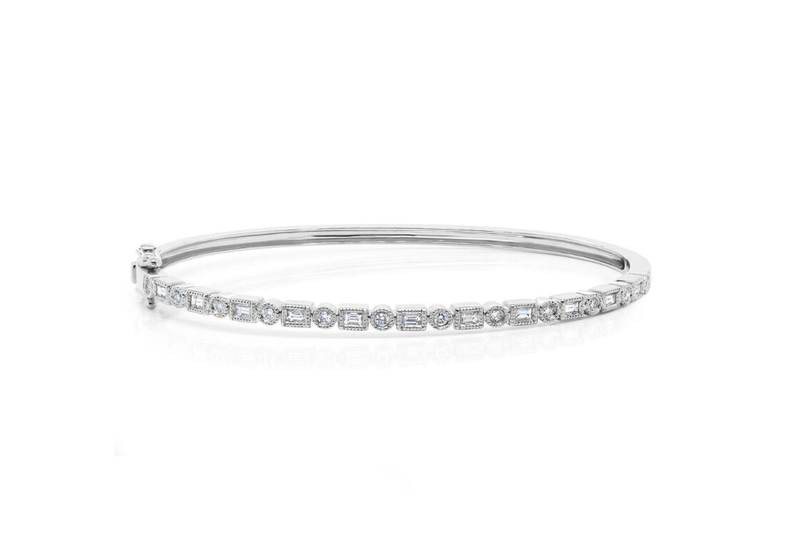 14K White Gold Baguette Round Diamond Art Deco Bangle Bracelet Natural 0.56CT