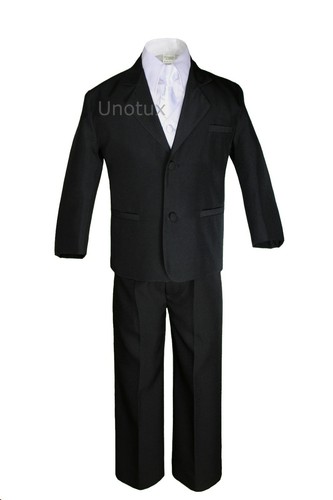 5pc White Vest Necktie Boy Infant Toddler Formal Party Black Suit Tuxedo sz S-20 - Picture 2 of 3