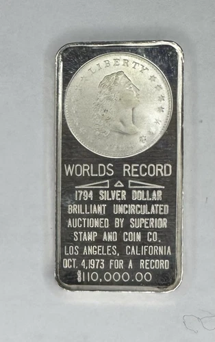 1973 Flowing Hair Bar Great Lakes Mint World's Record Coin Silver Art Bar