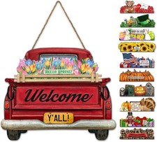 Interchangeable Welcome Sign for Front Door Red Farmhouse Truck Decor Hanging