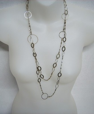 Layering Silver Tone 58-Inch Chain Station Necklace Oval & Round Open Links Chic