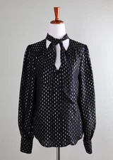 PAIGE $219 Swiss Dot Metallic Tie Neck Silk Blend Blouse Top Size XS