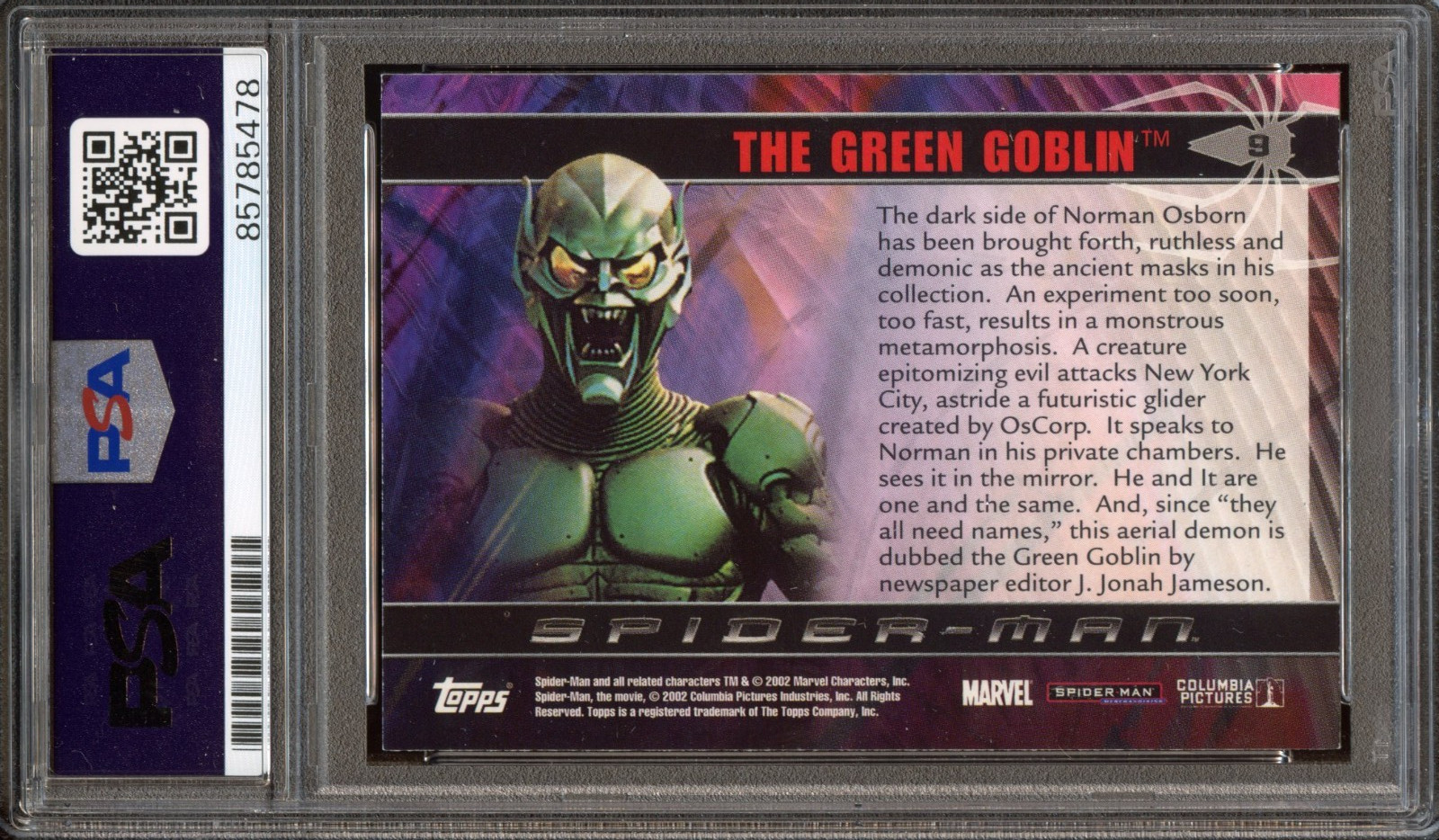 WILLEM DAFOE SIGNED 2002 TOPPS MARVEL SPIDER-MAN #9 GREEN GOBLIN PSA AUTO 10 view 2
