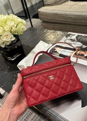 Auth BNIB Chanel 25K Dark Red Slim Top Handle Vanity With Chain Bag Gold Hardwre