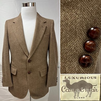 Bespoke Men's 36S Tan Camel Hair Herringbone Soft Vintage Blazer Jacket Coat