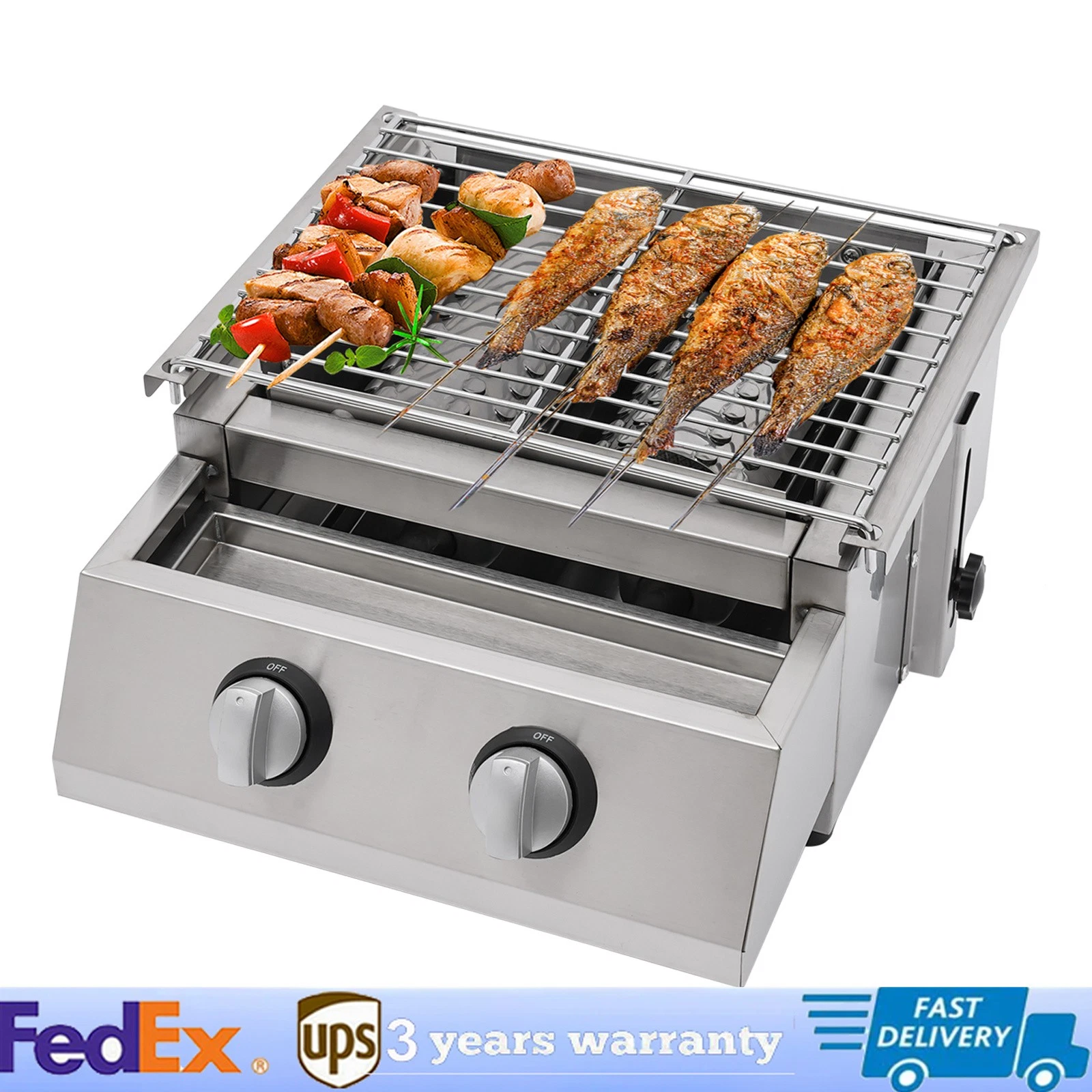 Portable 2 Burner Gas BBQ Grill Tabletop Camping Smokeless Grill Stainless Steel