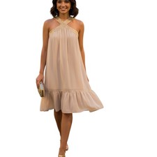 Johnny Martin Sleeveless Mini Dress Sz 7 Beige Gold Crisscross Front Sexy Night