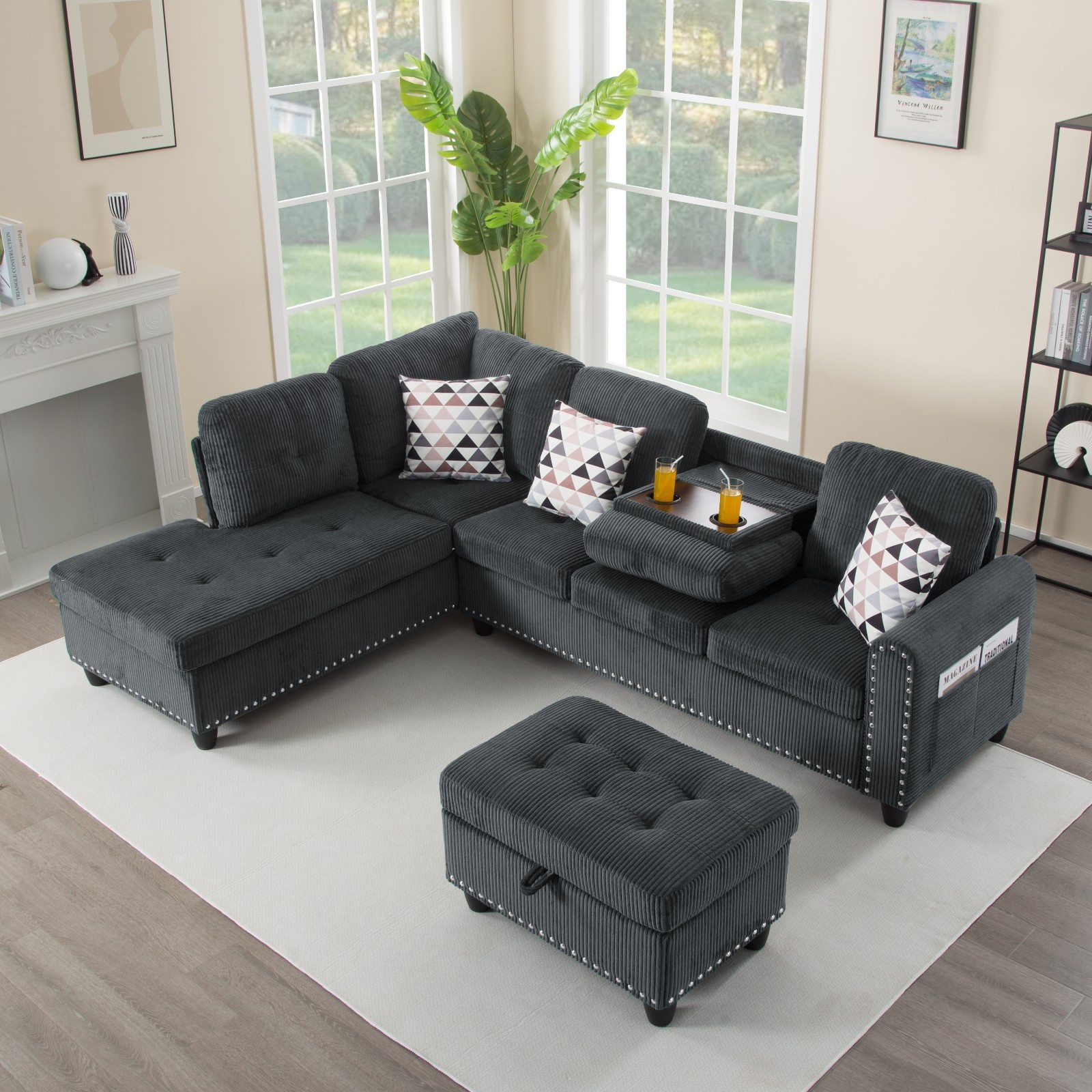 L-Shaped Couch Modular Sectional Sofa Livingroom Convertible Sofa With Ottoman