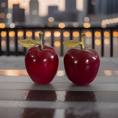 Vintage 2 Red Apple Decor Figurine Brass Leaf Stem Glossy Fruit 4.3 