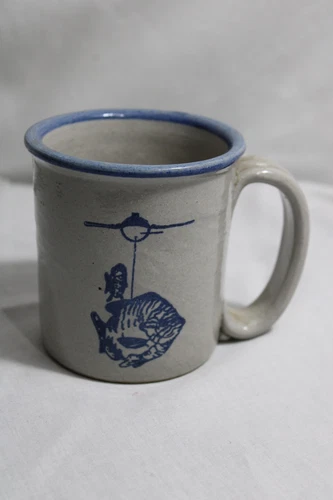 Vintage Red Wing Stoneware Pottery Fish/Fishing 12oz. Mug, Blue & Gray