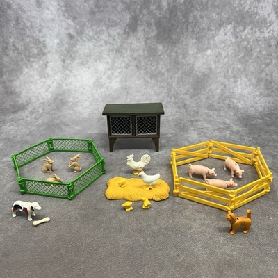 Playmobil Farm Chickens, Rabbits, Baby Pigs, Cat, Dog, Fences, Hutch-Animals