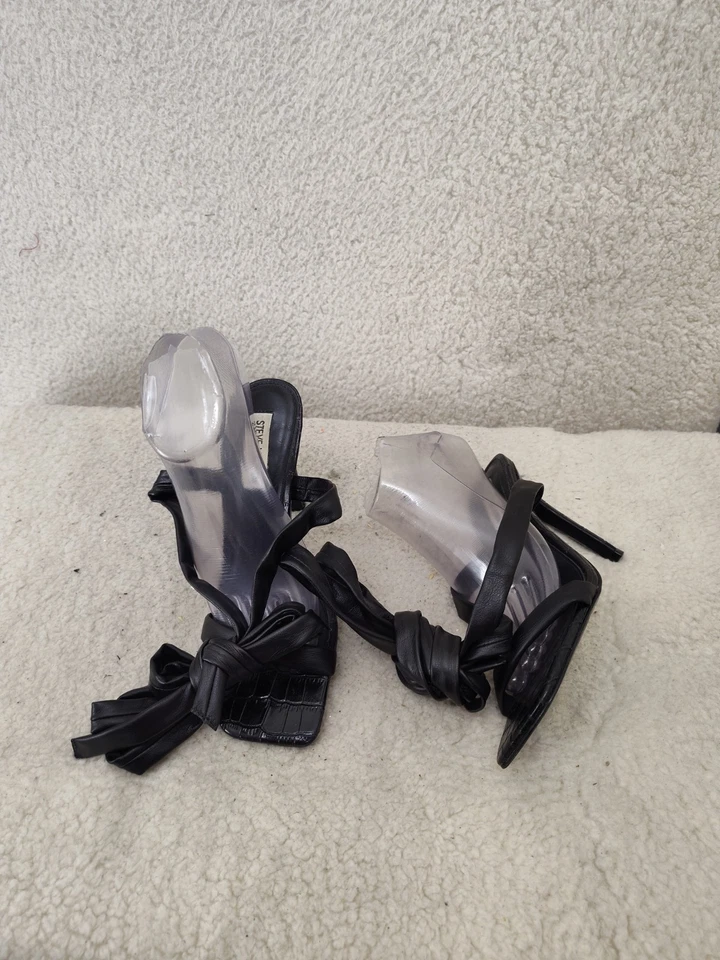 Steve Madden Mujer Tacones 7 1/2M Negro Cuero Cordones Stiletto Sandalias Zapatos Foto 4 de 4