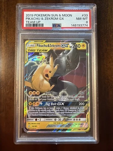 [PSA 8] Pokémon Pikachu & Zekrom GX TCG Sun & Moon Holo Ultra Rare Card 33/181
