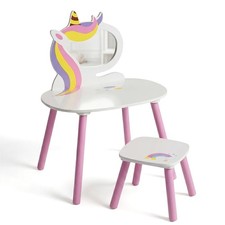 Kids Dressing Table with Mirror and Stool for Girls Bedroom Unicorn Vanity Set