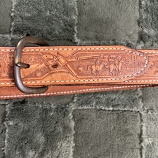 VTG TexTan Tooled Leather Belt Sz 32 Brown Western USA 70s Era