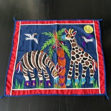 Vintage Large Textile Art Panel 34”x27” Jungle Animals Hand Stitches. Vibrant.