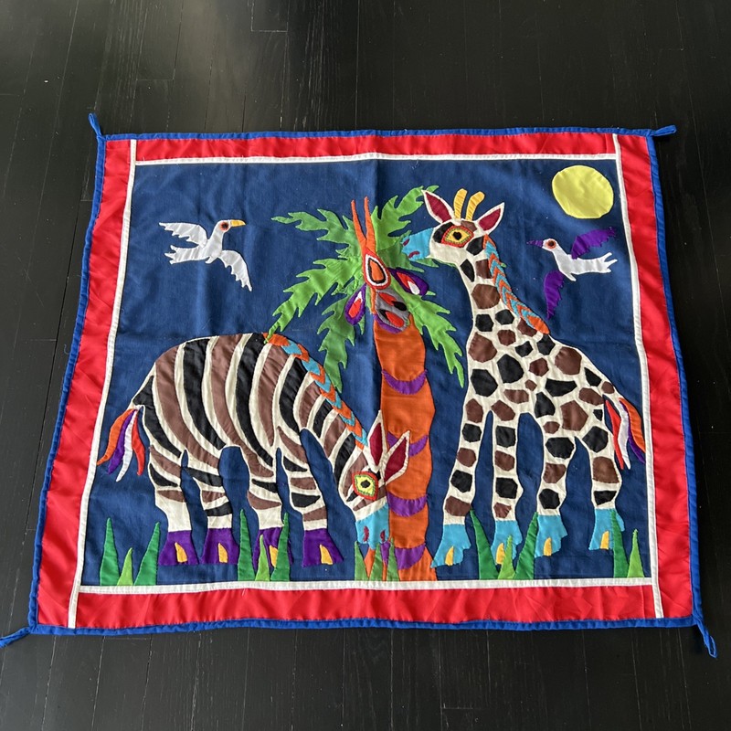 Vintage Large Textile Art Panel 34”x27” Jungle Animals Hand Stitches. Vibrant.