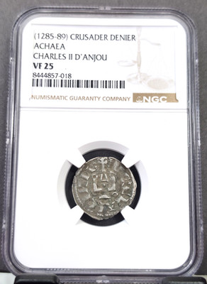 1285-89 CRUSADER DENIER ACHAEA CHARLES II D'ANJOU NGC VF 25 GREAT LOOKING COIN