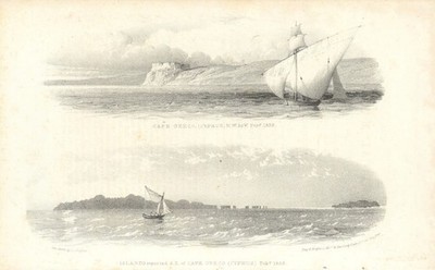 Two views of Cape Greco, Cyprus   Nautical Magazine 1833 old antique print