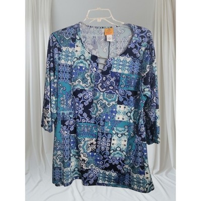 Ruby Road Women 1X Mid Sleeve Boho Hippy Whimsical Abstract Blues Greens Y2K