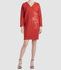 Natori Women's Orange Crepe Tonal Appliqué V-Neck Long Sleeve Shift Dress Size L