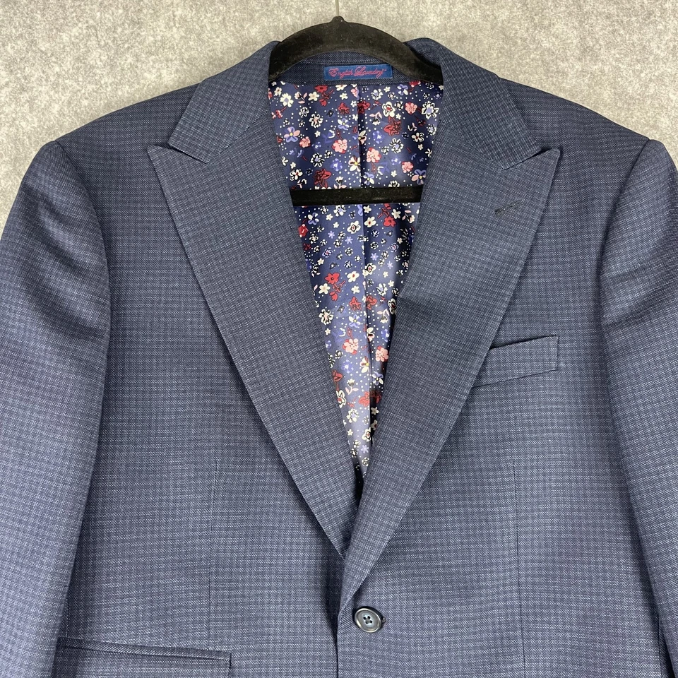 English 洗衣 2 件套男式蓝色格子西装外套 Peak 40R 裤子 34x30 弹性 — 第 3/4 张图片