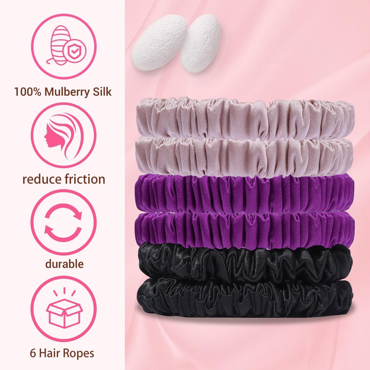 Silk Scrunchies Mulberry Small Pack of 6 Gentle Hair Ties for All Hair Types Silk Hair Scrunchies | Sets of 6 Skinny Scrunchies | Fishers  main image 4
