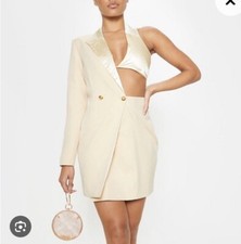 PrettyLittleTh Stone One Shoulder Satin Detail Gold Button Blazer Dress Size 10