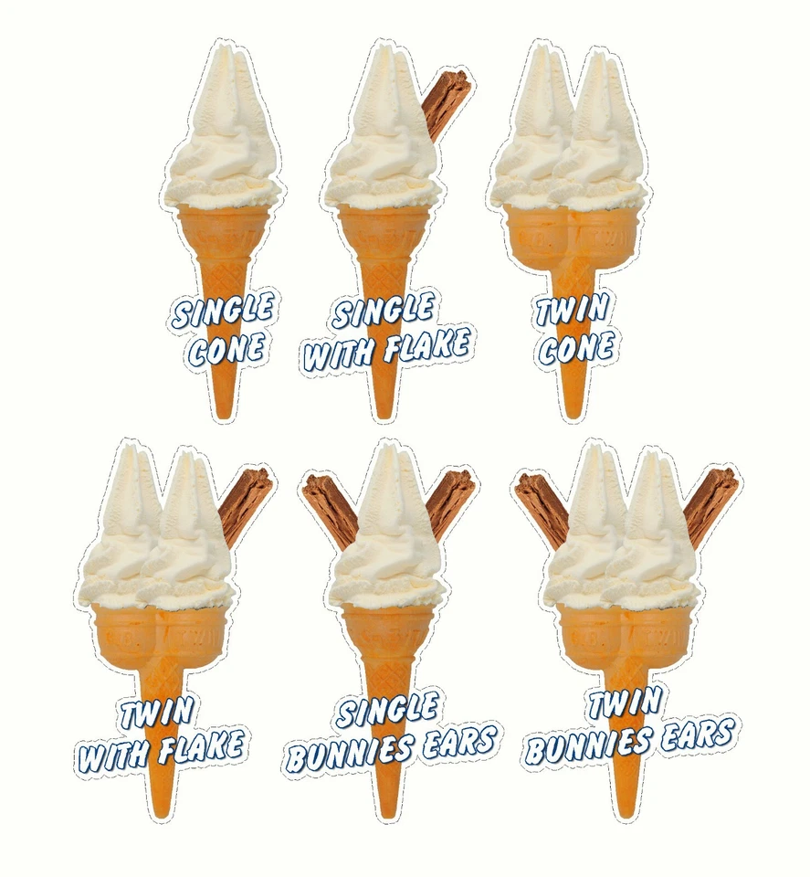 Whippy Ice Cream Cone Stickers Set of 6 - 16cm high catering van die cut decals