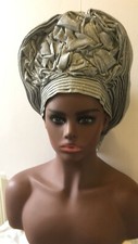 Aso-Oke African Headtie Auto Gele, Silver Idowu Women headwear Ready Made Gele