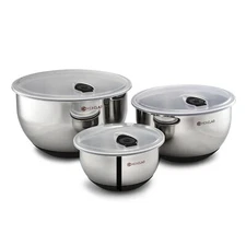 HexClad Stainless Steel Bowl Set of 3 Pcs w/ Vacuum Seal Lids |1.3,3 & 5 Quarts