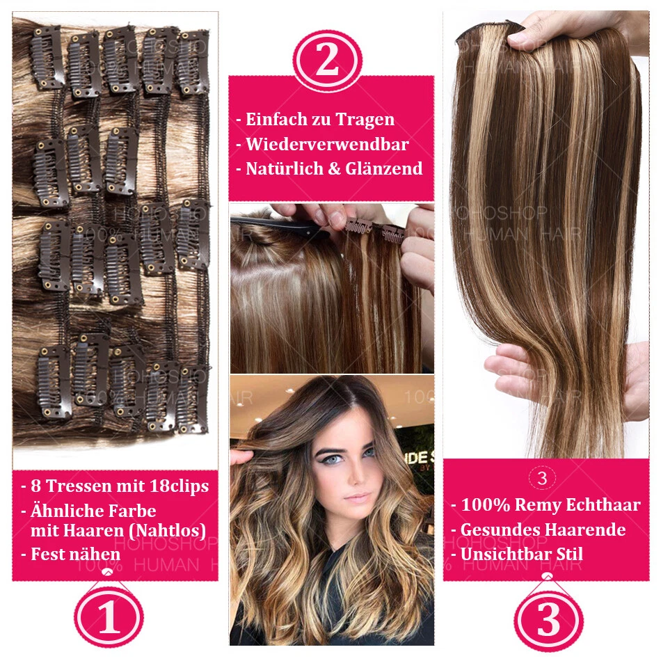 DICK Echthaar 8 Tressen Clip In Remy Haar Extensions Haarverlängerung Glatt Lang - Bild 4 von 4