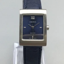 Swerve Watch Mens 20mm Blue Dial Silver Tone Rectangular New Battery