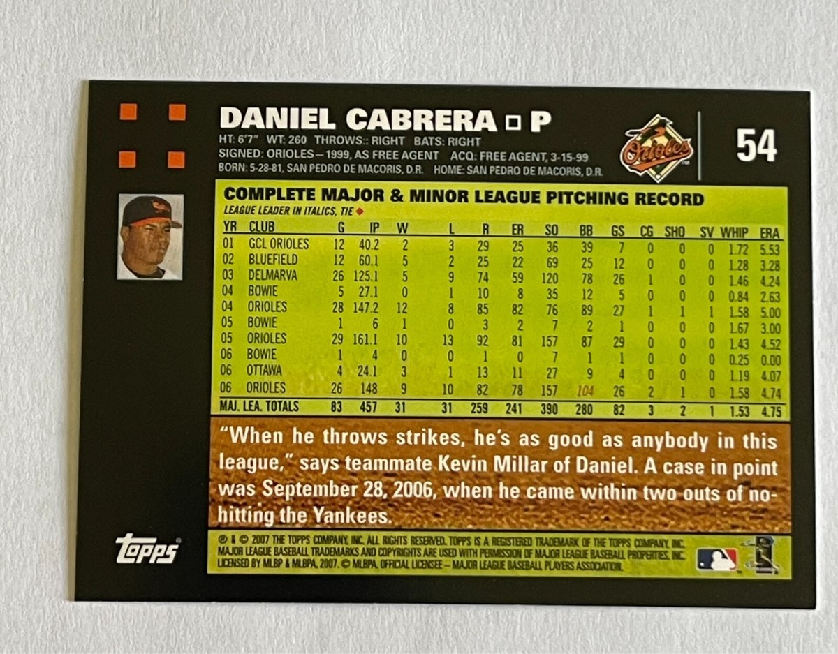 野球　カード　700枚以上　レトロ　レア 2007 TOPPS DANIEL CABRERA #54 PITCHER BALTIMORE ORIOLES BASEBALL