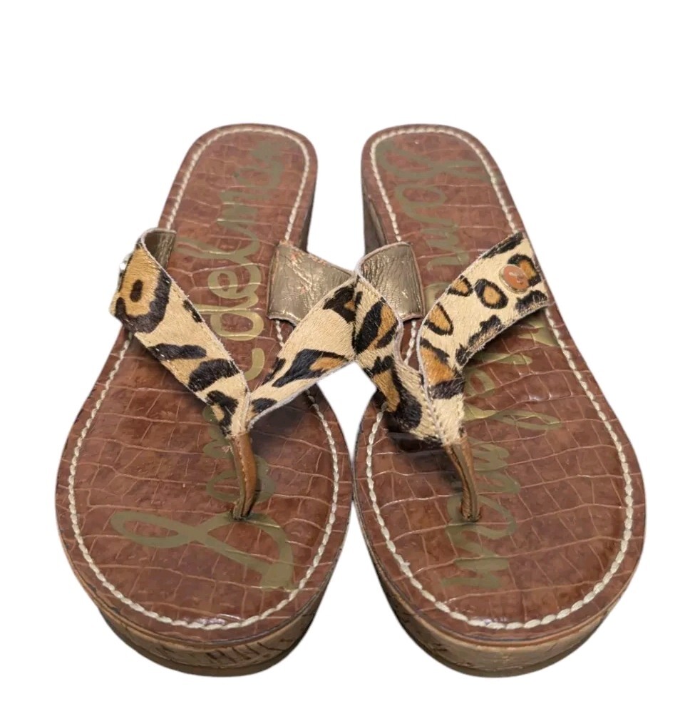 Sam Edelman Romy Leopard Hide On Sandal Womens Cork Wedge Platform Flip  Flops