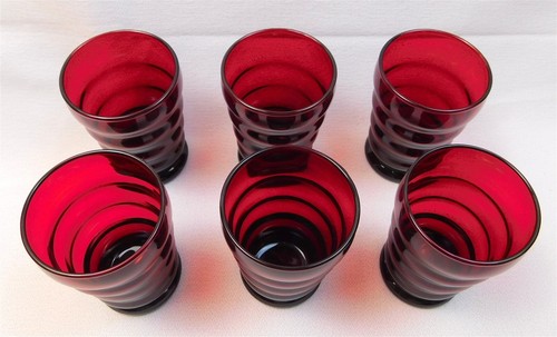 Vintage Set of 6 Anchor Hocking Whirly Twirly Ruby Red Glass Tumblers 4 1/8 Tall - Picture 2 of 8